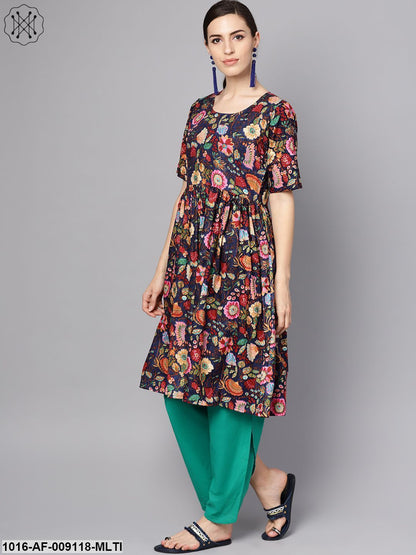 Navy Blue Multi Colored Pleated Kurta With Solid Tulip Pants