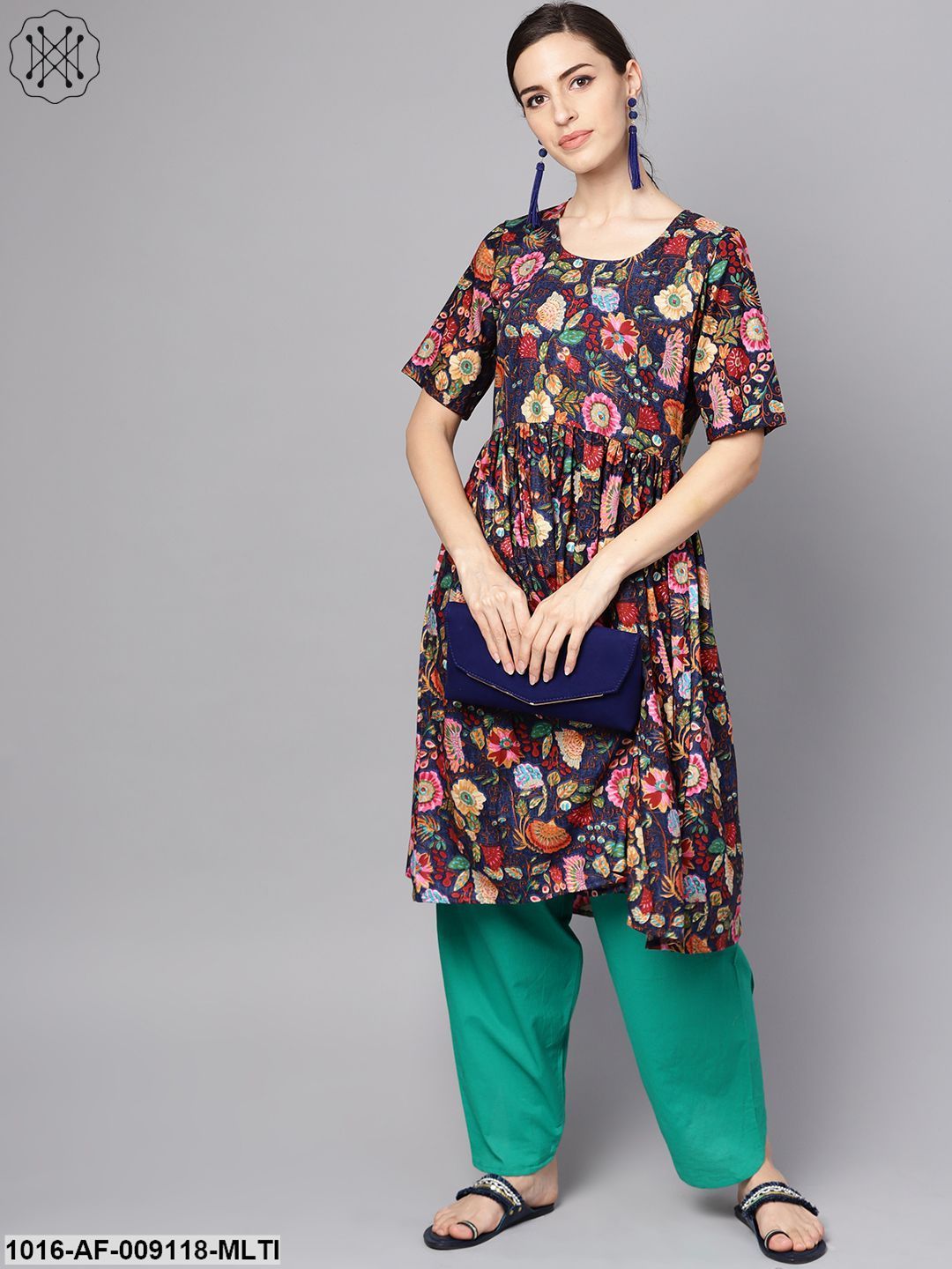 Navy Blue Multi Colored Pleated Kurta With Solid Tulip Pants