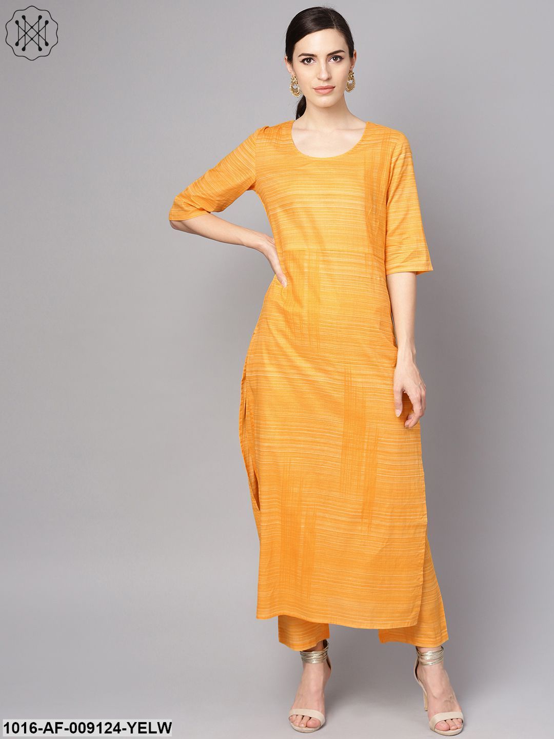 Yellow Cotton Slub Half Sleeve Kurta Set With Pants