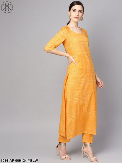 Yellow Cotton Slub Half Sleeve Kurta Set With Pants