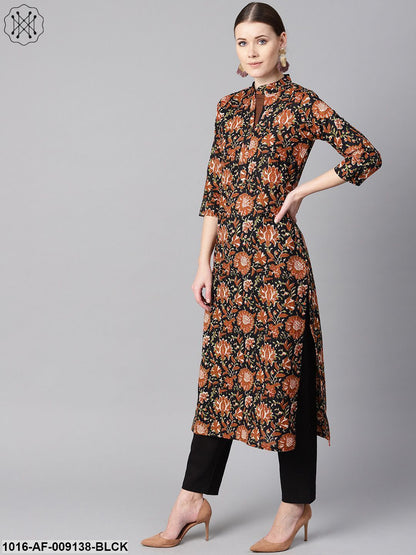 Floral Printed 3/4Th Sleeve A-Line Kurta With Solid Black Pants