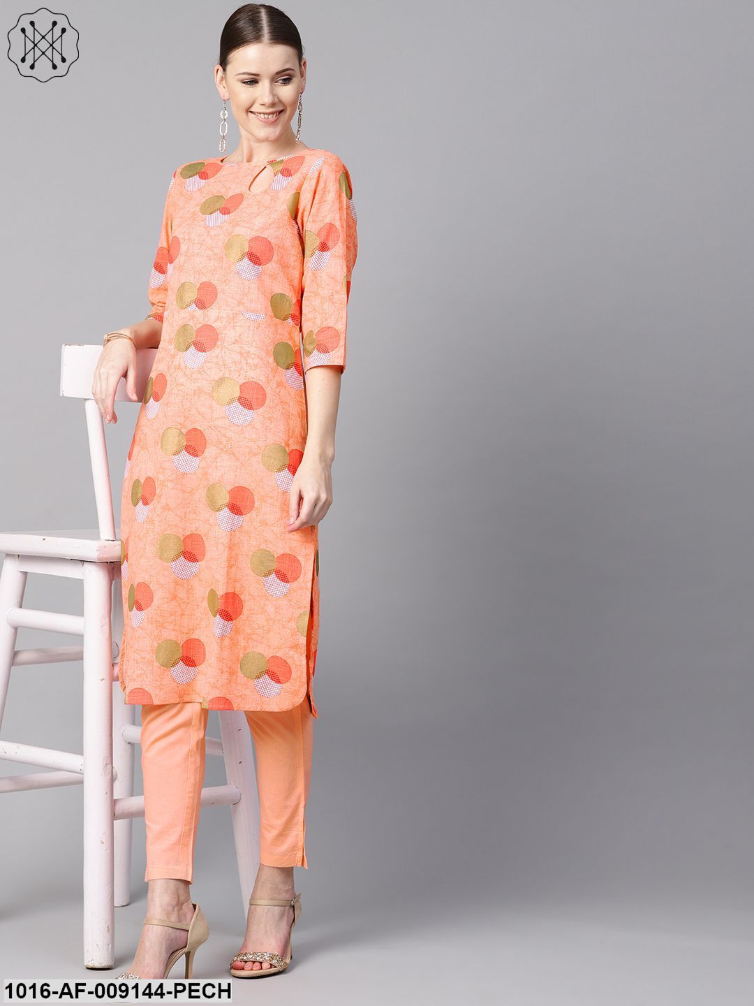 Peach Color Polka Dots Printed Boat Neck With Side Keyhole3/4Th Sleeve Kurta And Solid Cigratee Pants.