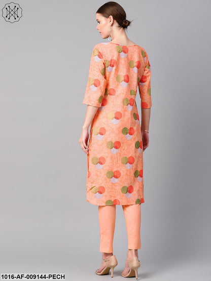 Peach Color Polka Dots Printed Boat Neck With Side Keyhole3/4Th Sleeve Kurta And Solid Cigratee Pants.