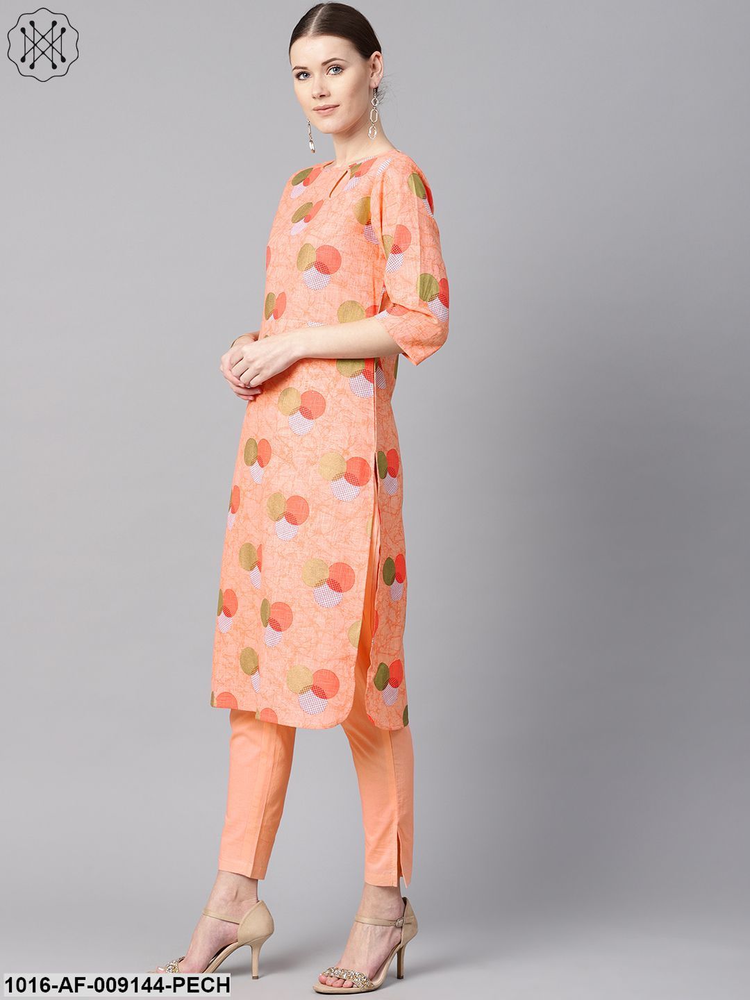 Peach Color Polka Dots Printed Boat Neck With Side Keyhole3/4Th Sleeve Kurta And Solid Cigratee Pants.