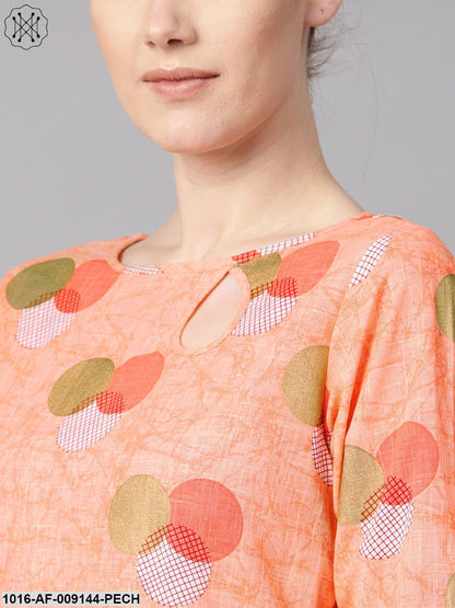 Peach Color Polka Dots Printed Boat Neck With Side Keyhole3/4Th Sleeve Kurta And Solid Cigratee Pants.