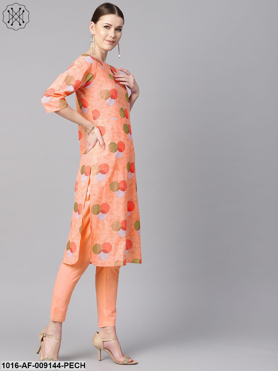 Peach Color Polka Dots Printed Boat Neck With Side Keyhole3/4Th Sleeve Kurta And Solid Cigratee Pants.