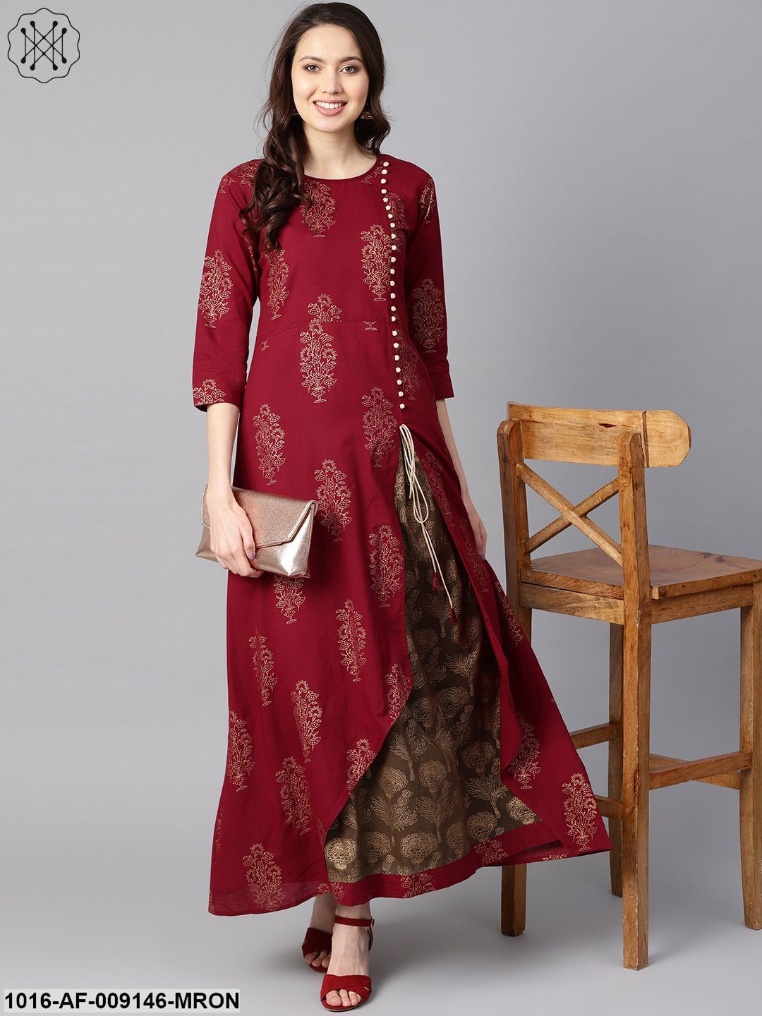 Maroon High-Low Gold Printed Kurta With Brown Printed Skirt