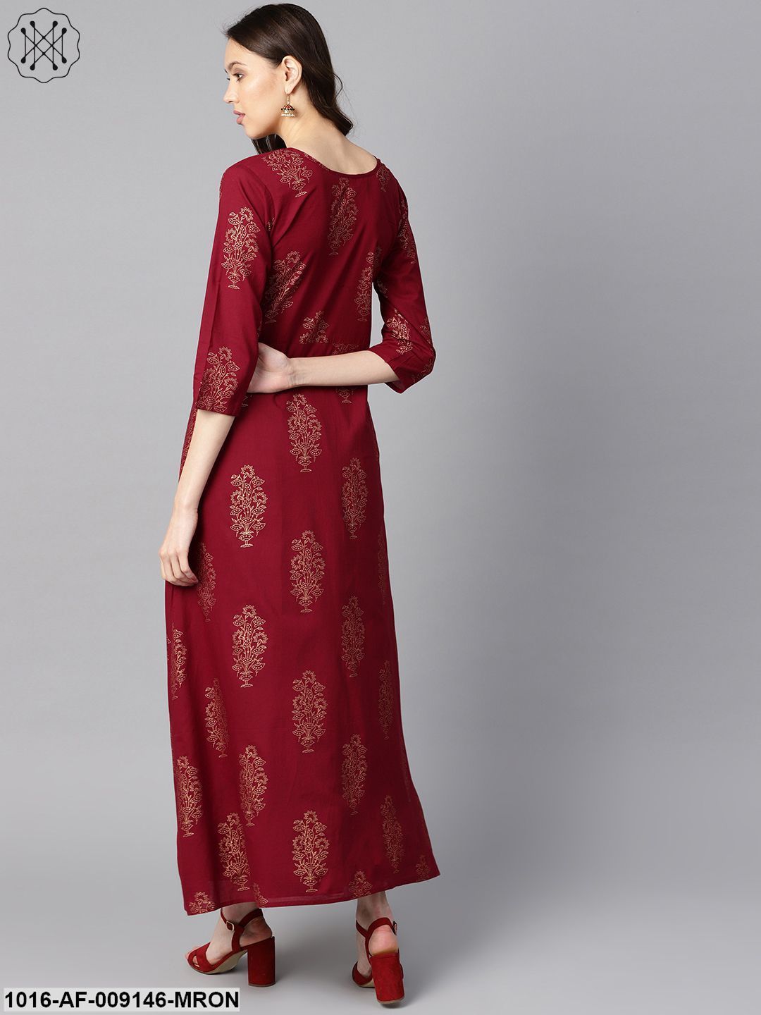 Maroon High-Low Gold Printed Kurta With Brown Printed Skirt