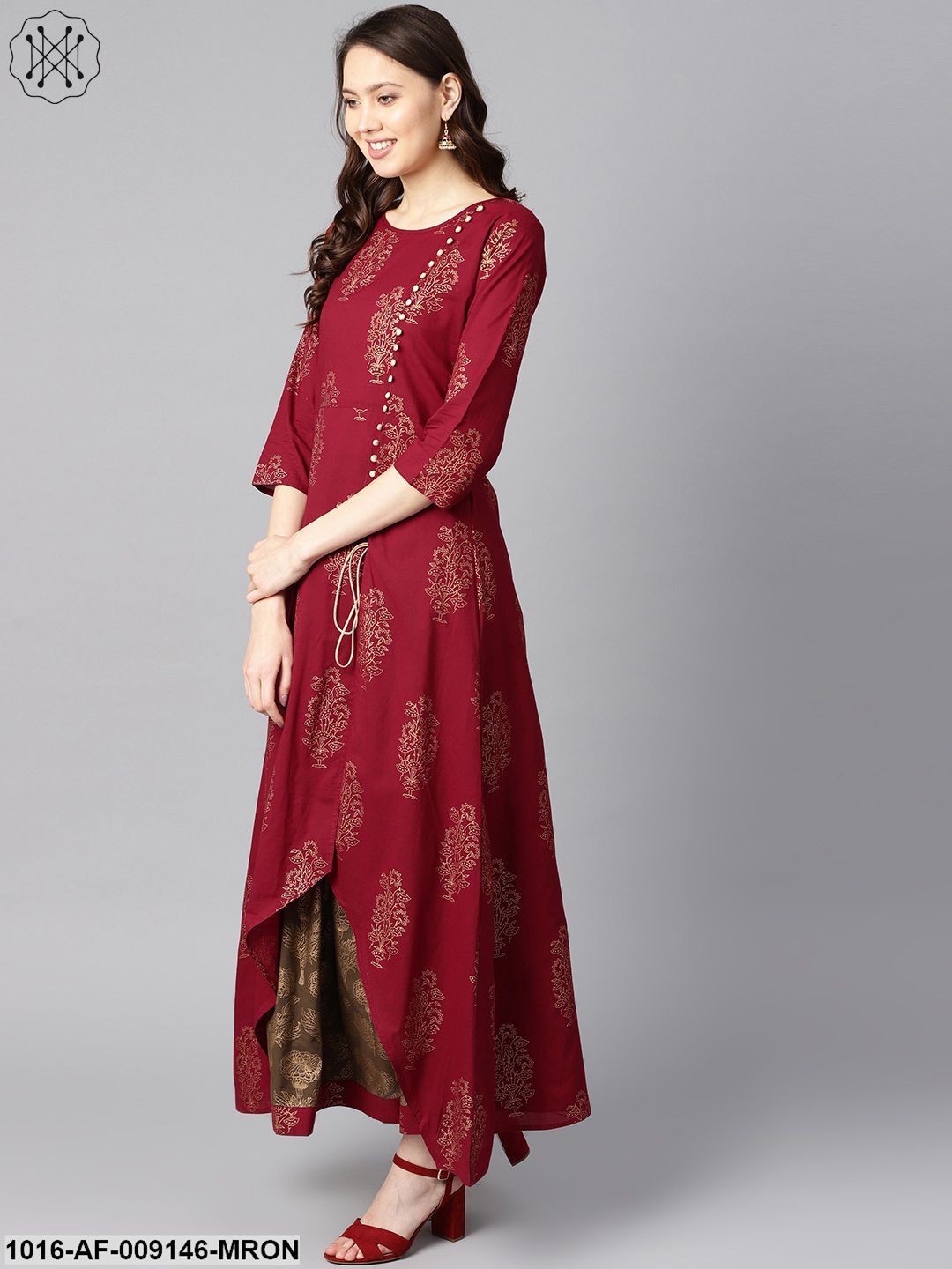 Maroon High-Low Gold Printed Kurta With Brown Printed Skirt