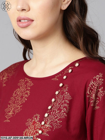 Maroon High-Low Gold Printed Kurta With Brown Printed Skirt