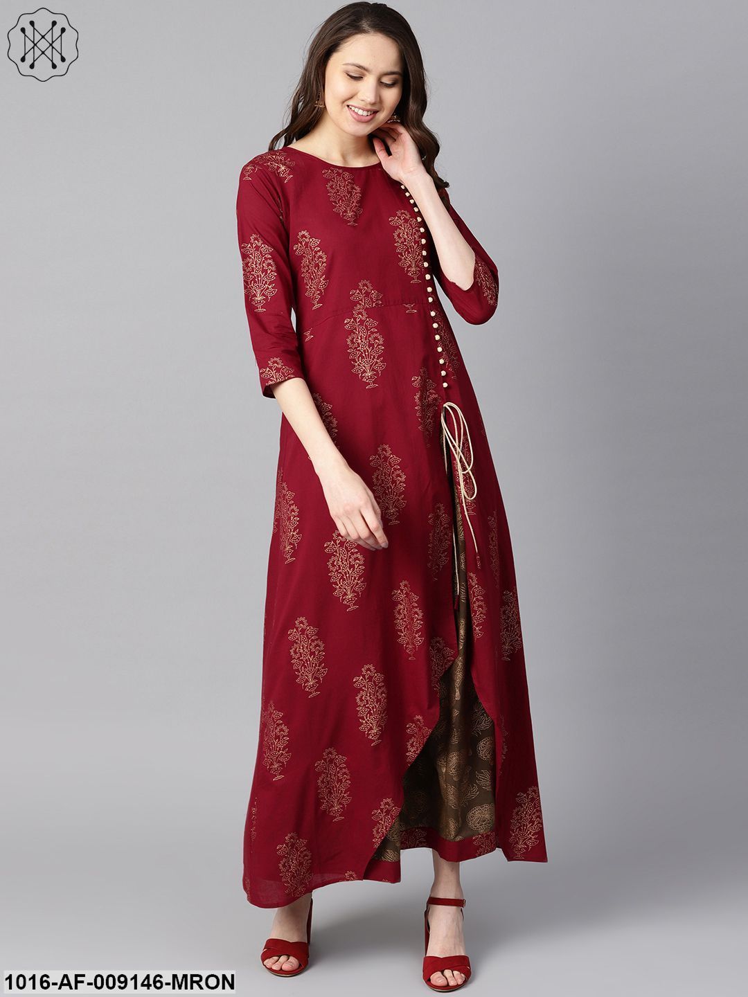 Maroon High-Low Gold Printed Kurta With Brown Printed Skirt