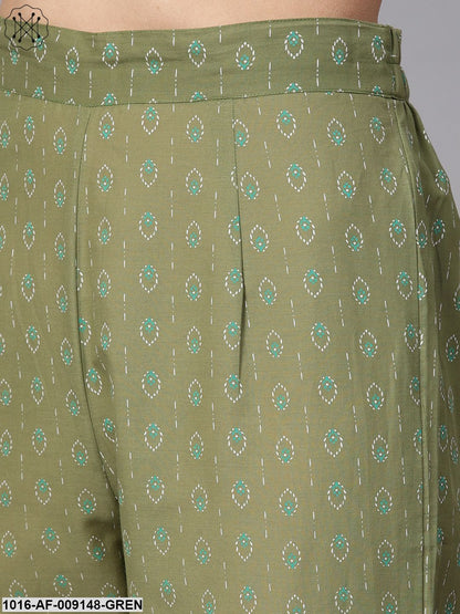 Pista Green Floral Printed 3/4Th Sleeve Kurta With Pista Green Printed Pants.