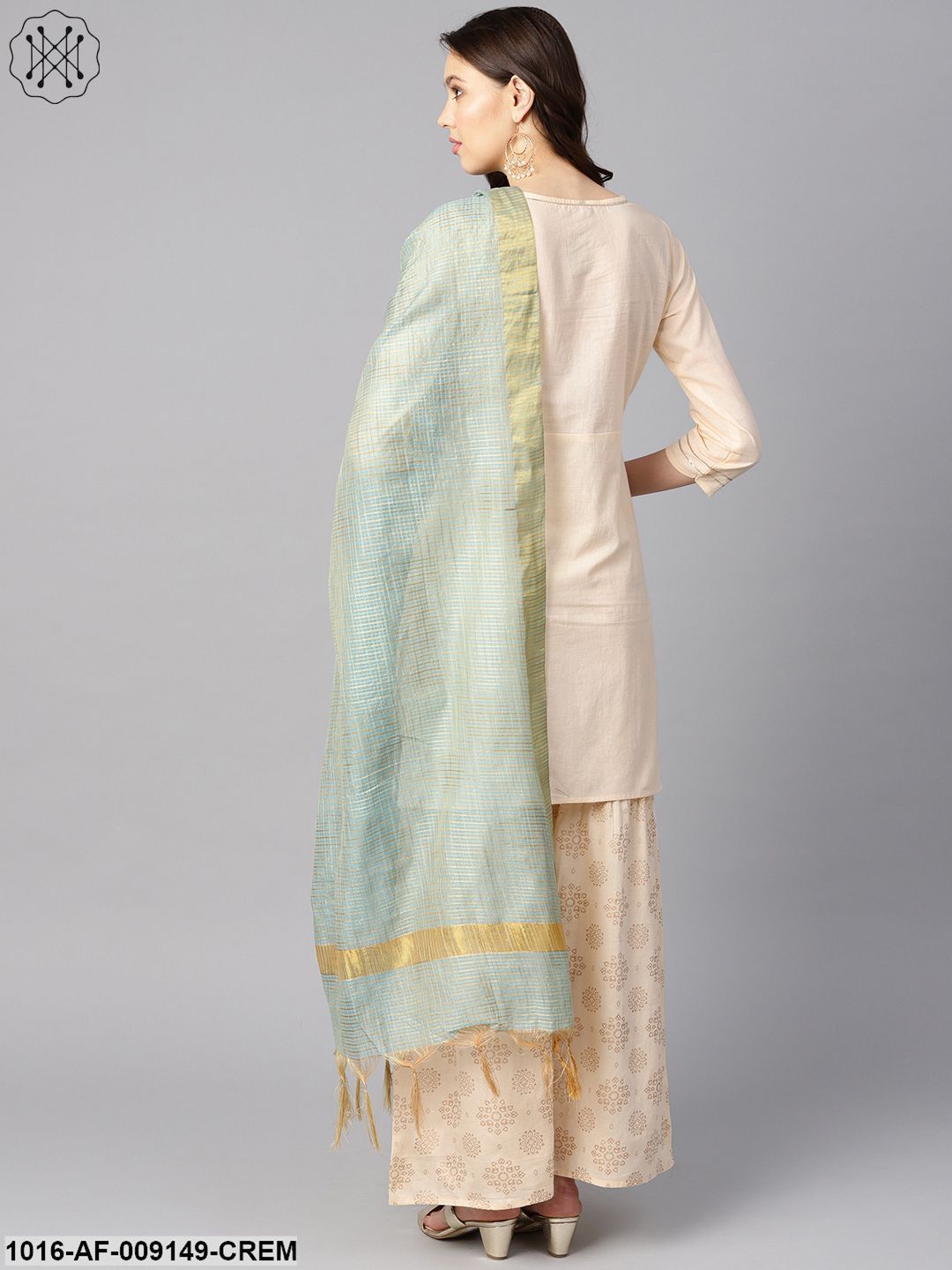 Cream 3/4Th Sleeve Kurta Set With Gold Printed Sharara & Powder Blue Checked Dupatta