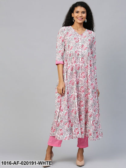 White & Pink Printed Kurta with Trousers