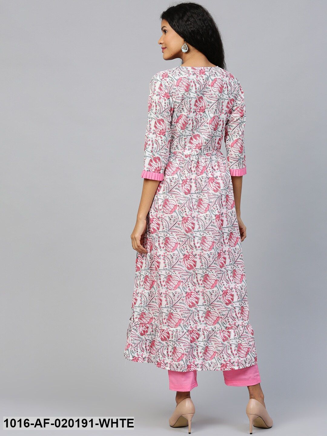 White & Pink Printed Kurta with Trousers