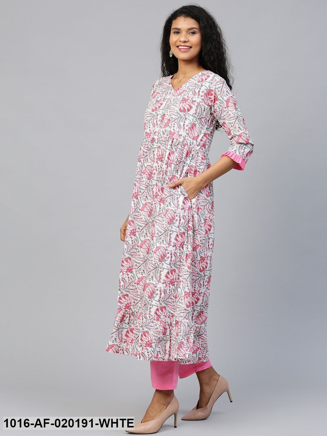 White & Pink Printed Kurta with Trousers