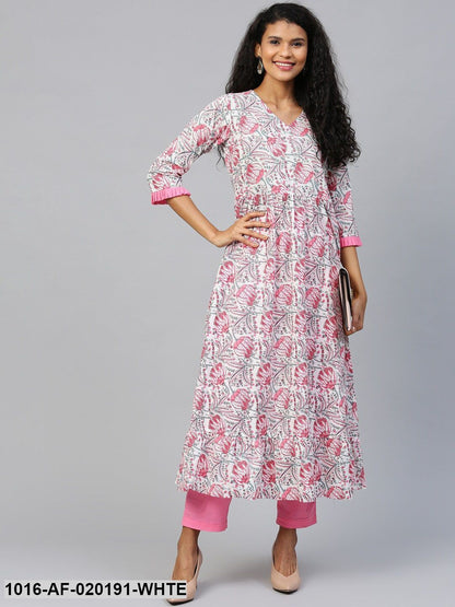 White & Pink Printed Kurta with Trousers