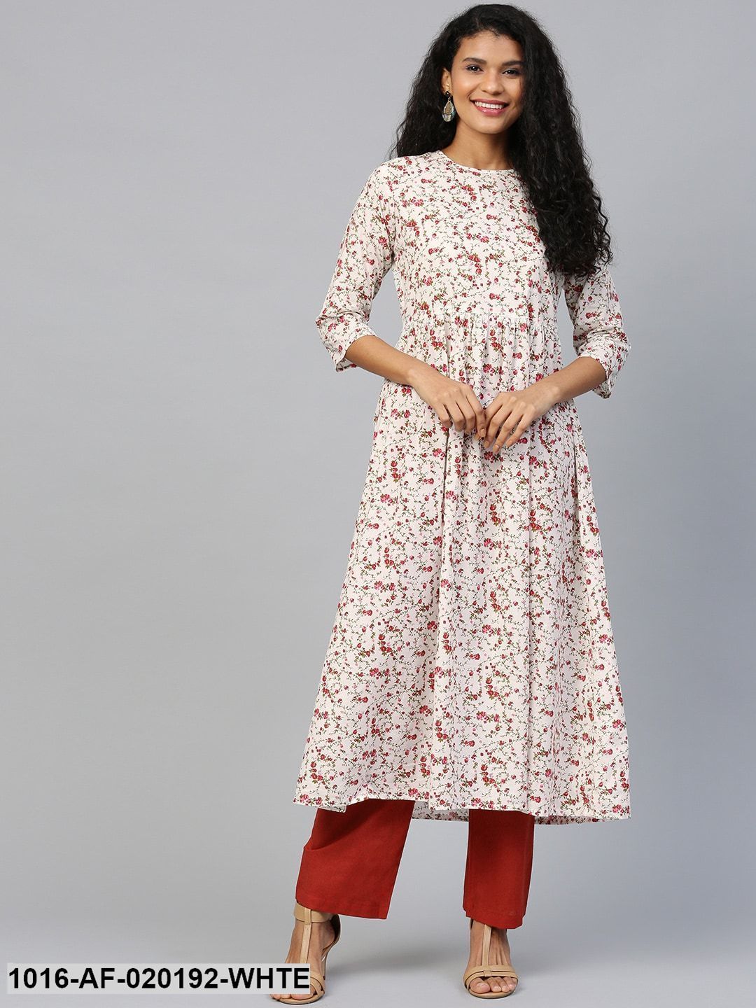 White & Red Floral Print Kurta with Trousers