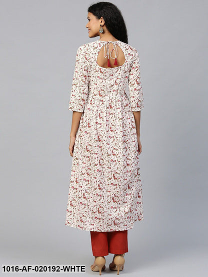 White & Red Floral Print Kurta with Trousers