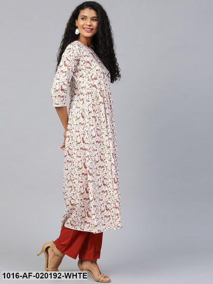 White & Red Floral Print Kurta with Trousers