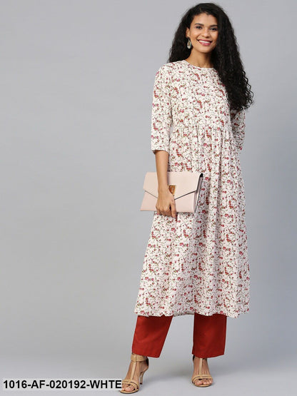 White & Red Floral Print Kurta with Trousers