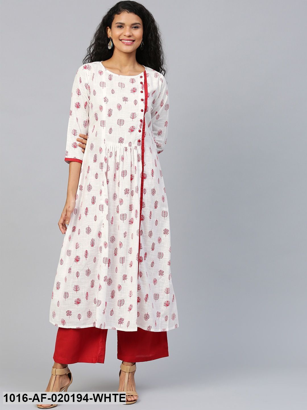 White & Red Printed Kurta with Palazzos