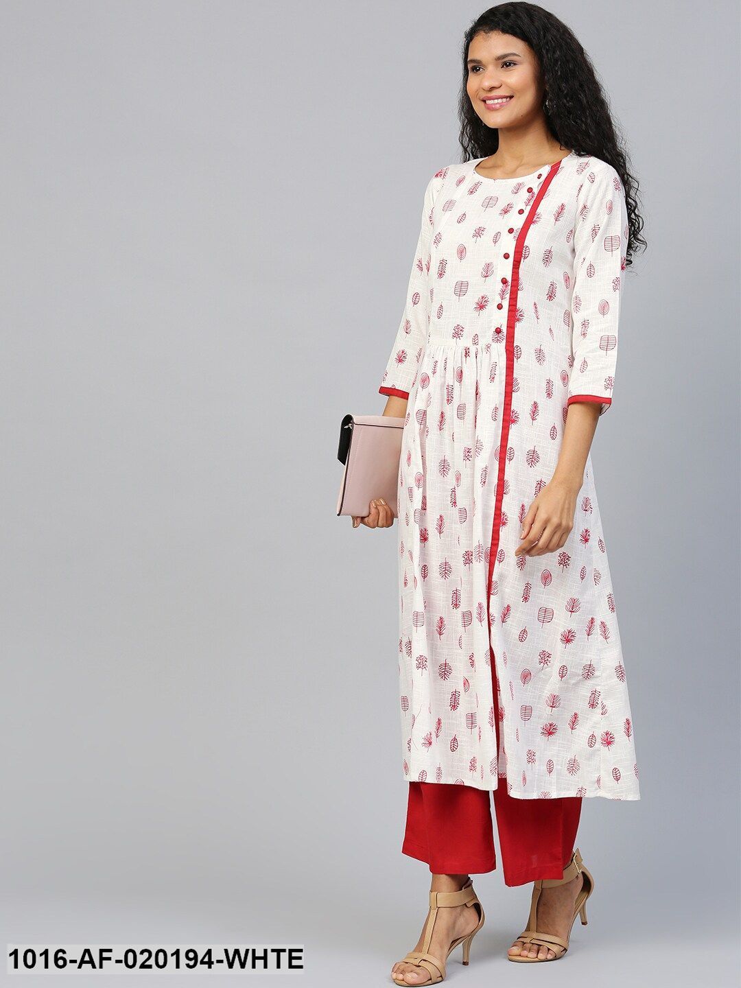 White & Red Printed Kurta with Palazzos