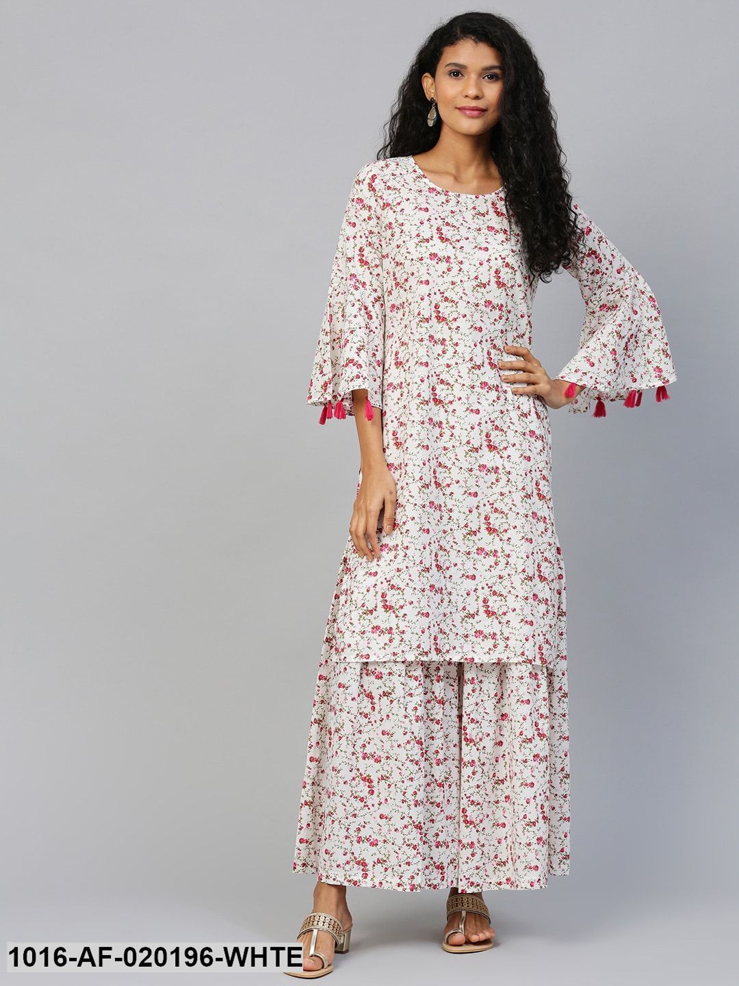 White & Pink Floral Print Kurta with Sharara