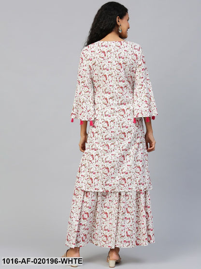 White & Pink Floral Print Kurta with Sharara