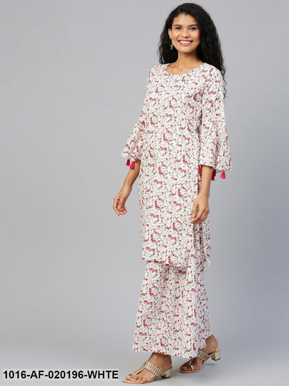 White & Pink Floral Print Kurta with Sharara