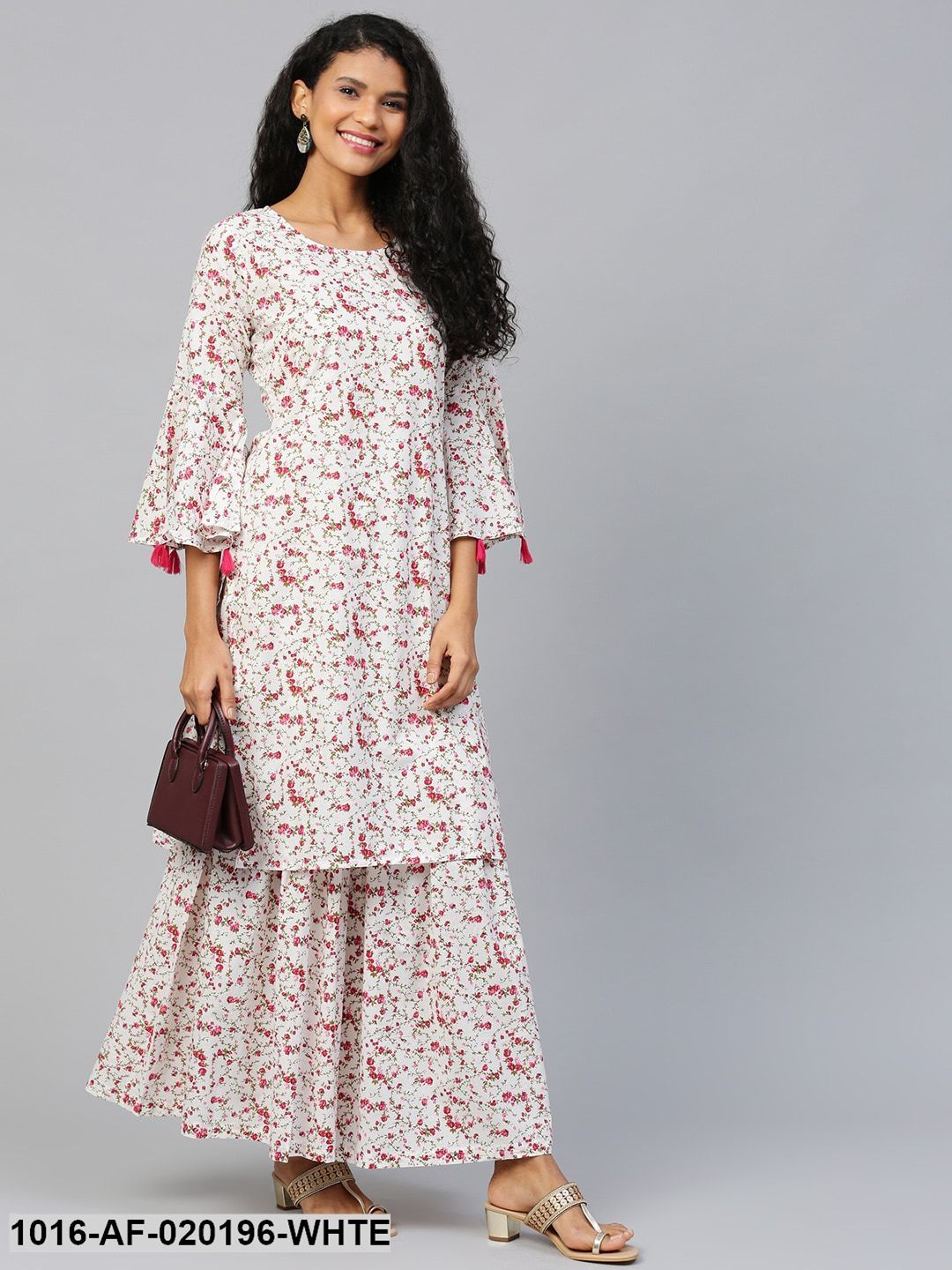 White & Pink Floral Print Kurta with Sharara