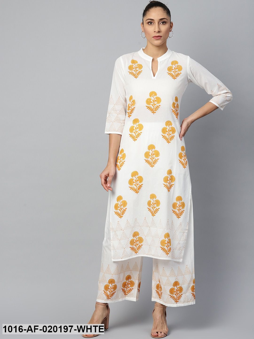 White & Mustard Yellow Ethnic Motifs Print Kurta with Palazzos