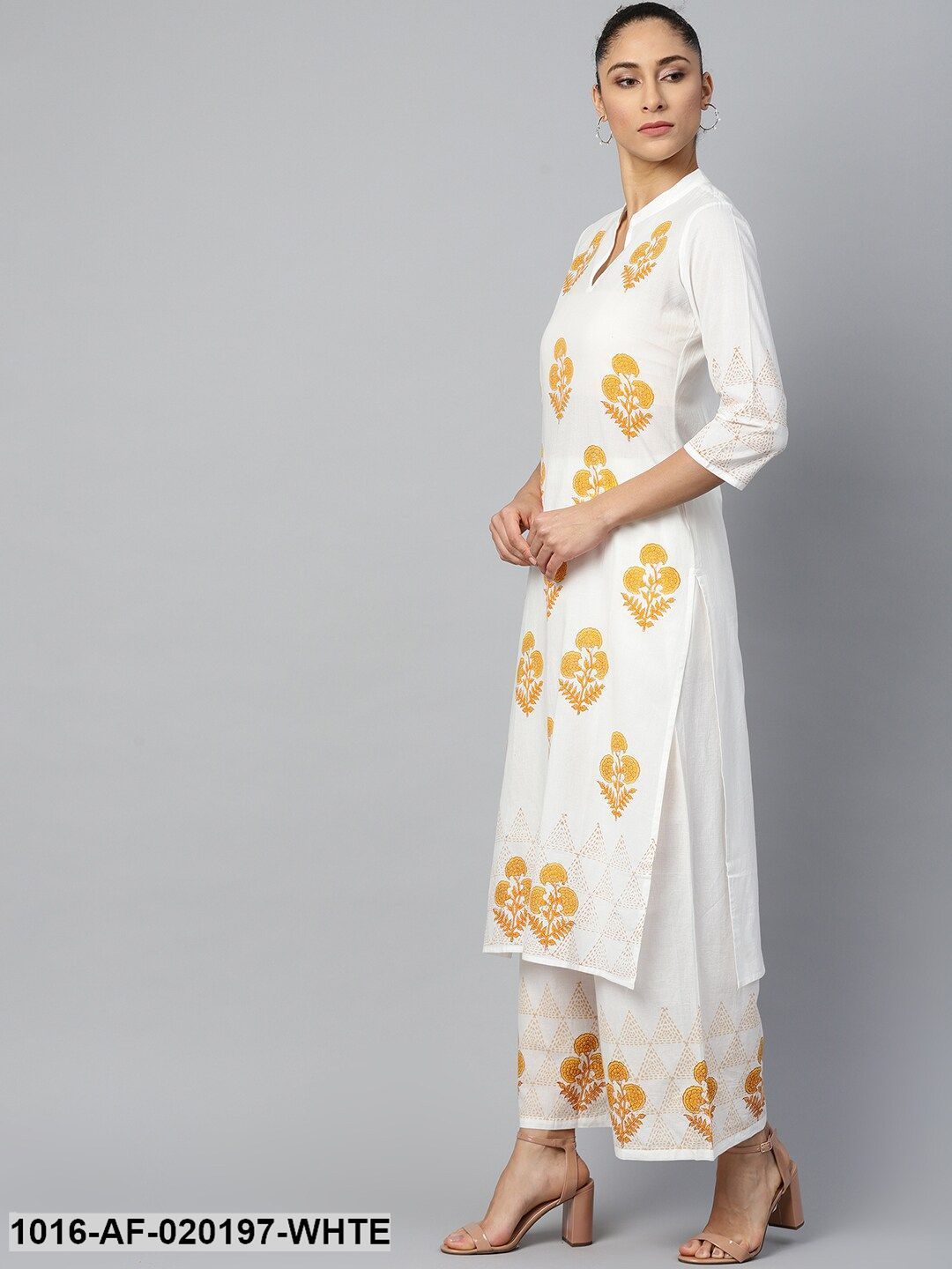 White & Mustard Yellow Ethnic Motifs Print Kurta with Palazzos