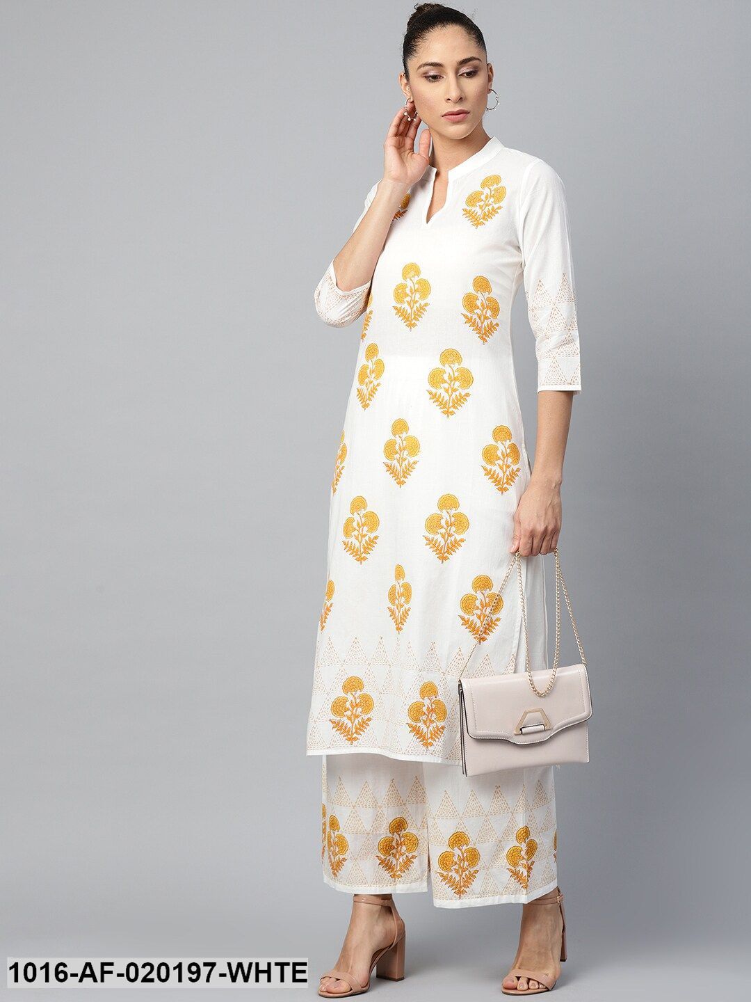 White & Mustard Yellow Ethnic Motifs Print Kurta with Palazzos