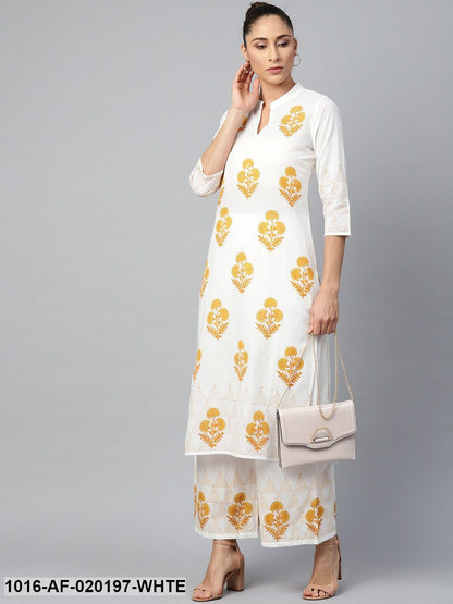 White & Mustard Yellow Ethnic Motifs Print Kurta with Palazzos