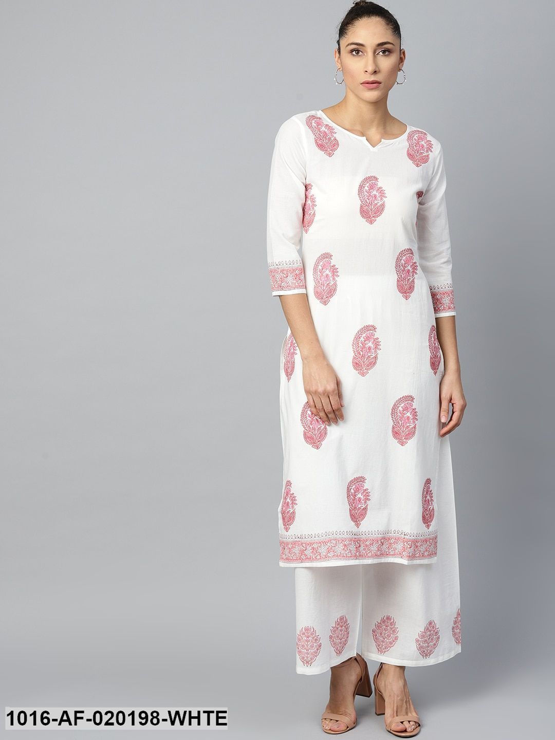 White & Pink Ethnic Motifs Print Kurta with Palazzos