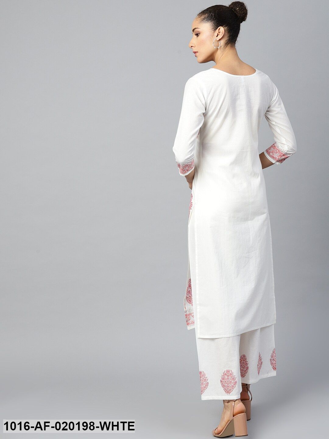 White & Pink Ethnic Motifs Print Kurta with Palazzos