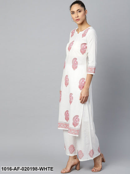 White & Pink Ethnic Motifs Print Kurta with Palazzos