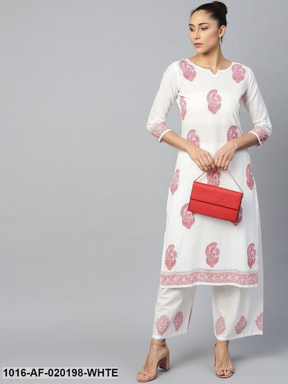 White & Pink Ethnic Motifs Print Kurta with Palazzos