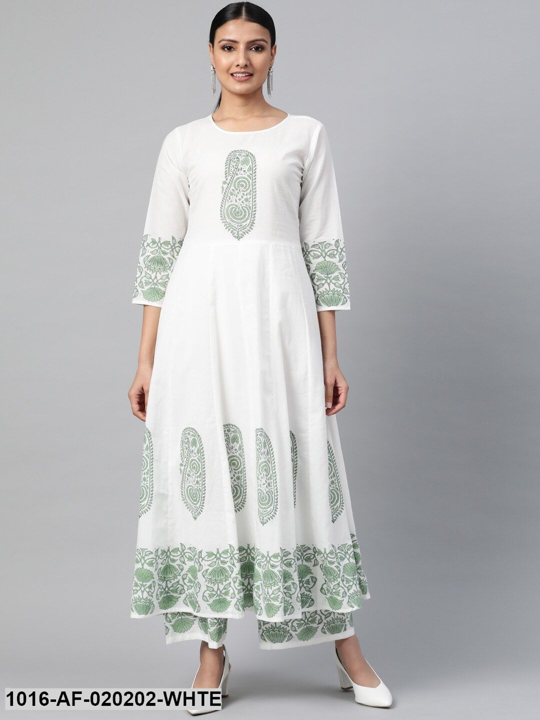 White & Green Ethnic Motif Block Print Kurta with Palazzos