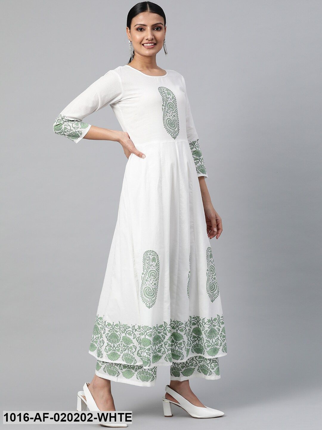 White & Green Ethnic Motif Block Print Kurta with Palazzos