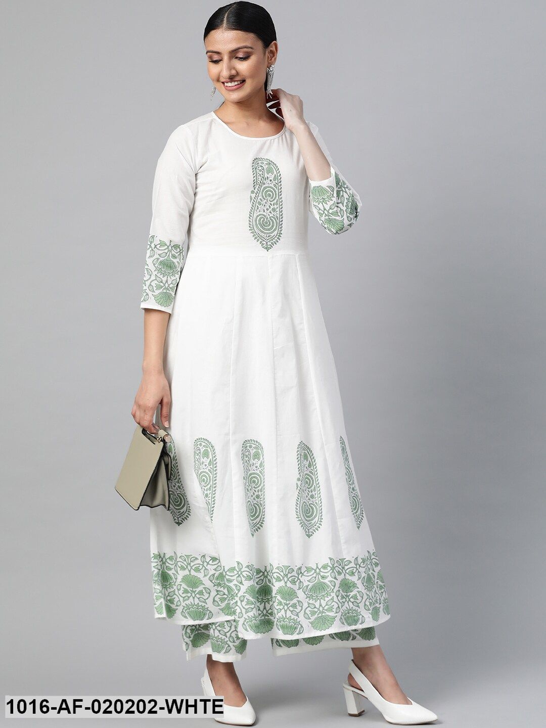 White & Green Ethnic Motif Block Print Kurta with Palazzos