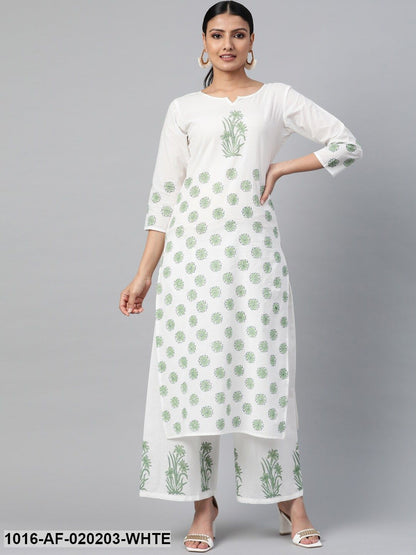 White & Green Ethnic Motif Block Print Kurta with Palazzos