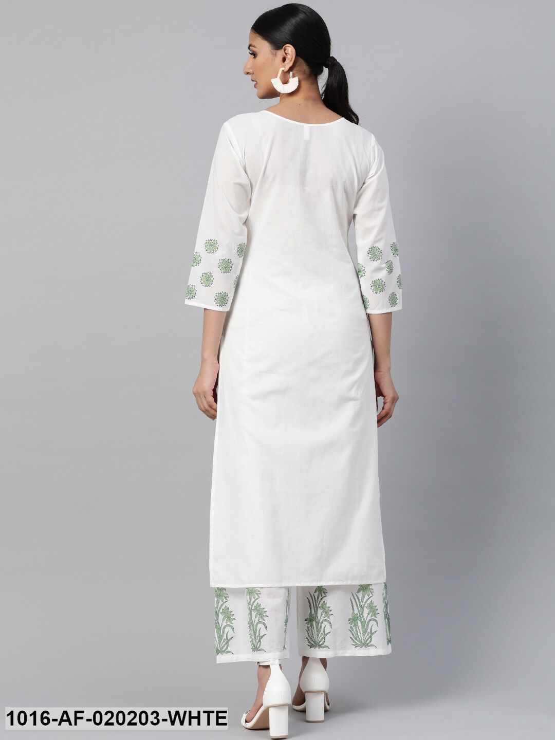 White & Green Ethnic Motif Block Print Kurta with Palazzos