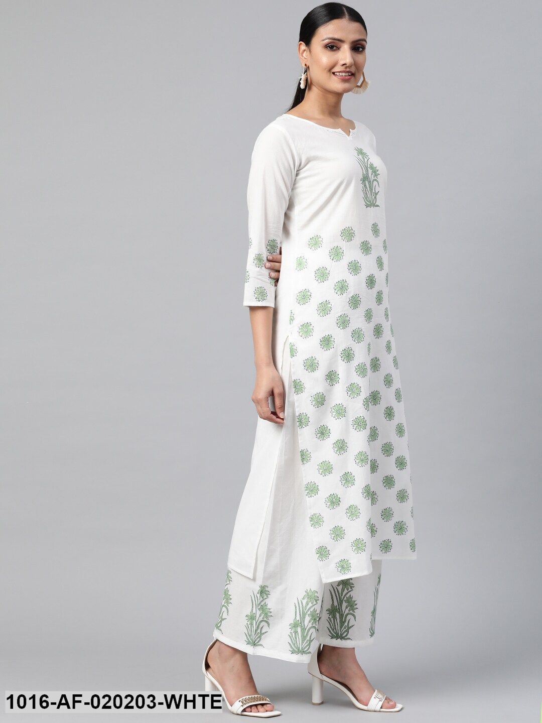 White & Green Ethnic Motif Block Print Kurta with Palazzos