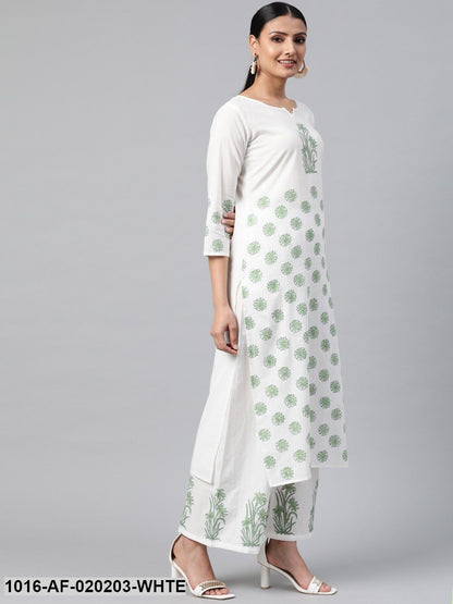 White & Green Ethnic Motif Block Print Kurta with Palazzos