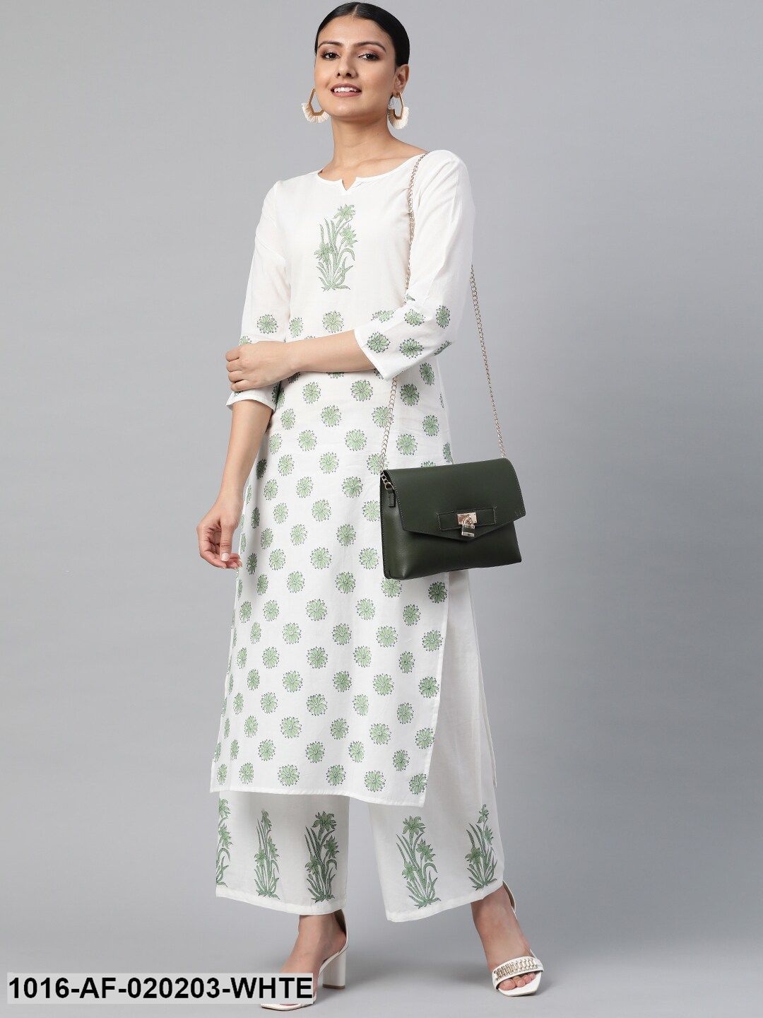 White & Green Ethnic Motif Block Print Kurta with Palazzos