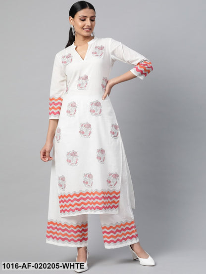 White & Pink Ethnic Motif Block Print Kurta with Palazzos