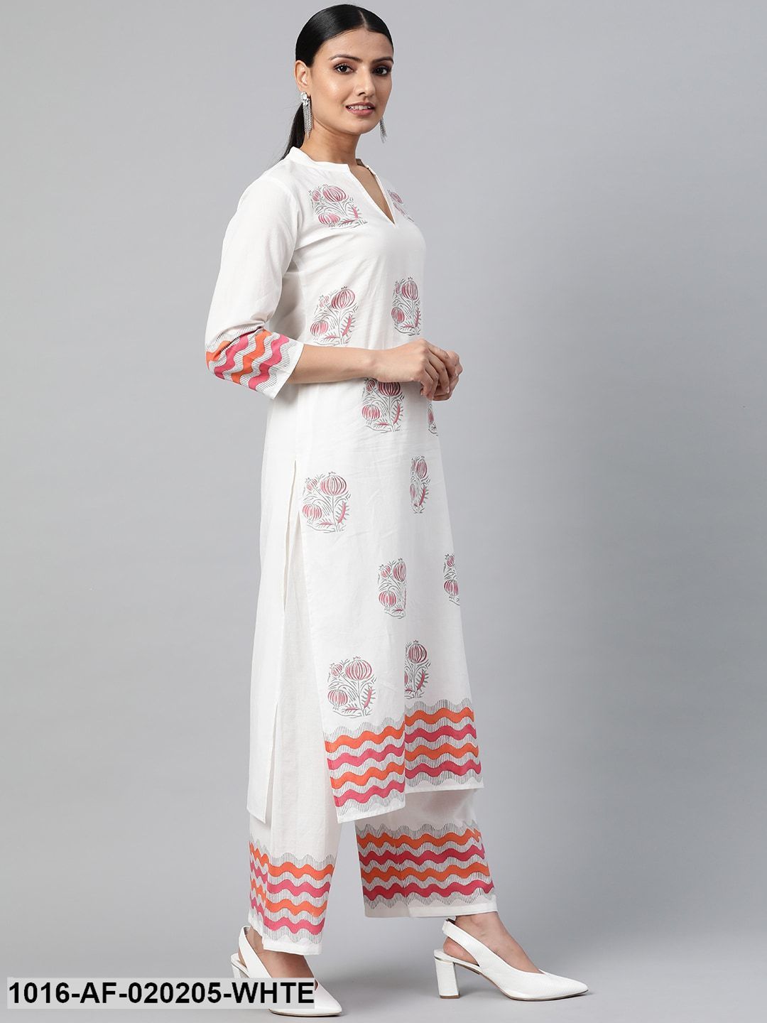 White & Pink Ethnic Motif Block Print Kurta with Palazzos