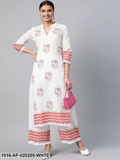 White & Pink Ethnic Motif Block Print Kurta with Palazzos